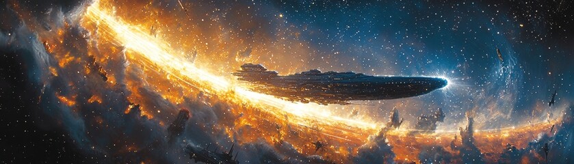 Poster - Breathtaking Cosmic Highway of Light and Speed Featuring Impressive Space Ships Against a Stunning Celestial Background