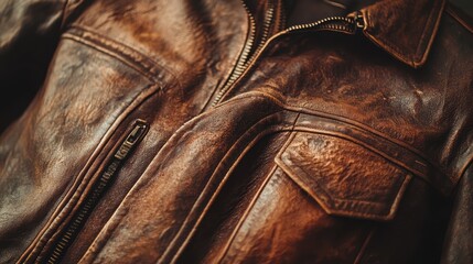 Wall Mural - A close-up of a vintage leather jacket with a distressed finish, illuminated by soft diffused light to highlight the rugged texture and timeless design