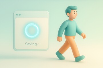 Fototapete - Data Backup Progress: A digital avatar strides confidently, while a virtual window shows 