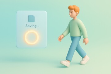 Poster - Saving the Dream: A 3D-rendered visualization presents a person walking toward a file save icon, its circular indicator suggesting pending activity, a metaphor of the digital world.