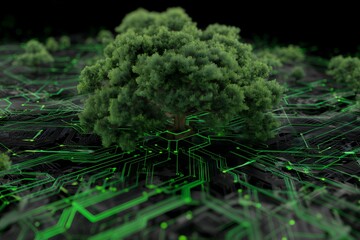 Aufkleber - lush green tree rooted in a glowing circuit board, isolated white and transparent background; concep