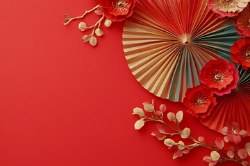 Poster - Vibrant red and gold abstract background with decorative paper fans and floral accents for a festive celebration