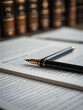 © Ann - Close-up of documents and a pen resting on a table, with law books in the background, soft focus.