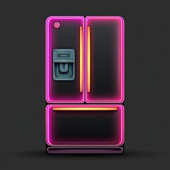 Poster - A neon-style illustration of a refrigerator, featuring vibrant pink and blue accents against a dark background.