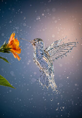 Poster - hummingbird as water splash on flower, ecology concept . Generative AI