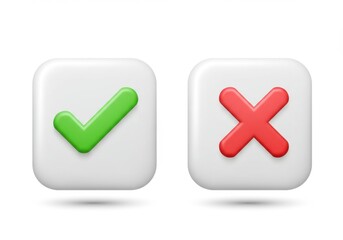 Poster - A green check mark and a red x mark on white square buttons isolated on a white background design concept