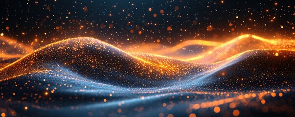 Poster - abstract digital waves with glowing yellow dots and starry sky background