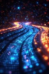 Fototapete - Futuristic pathway with glowing digital lines in vibrant blue and orange colors