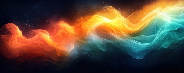Poster - abstract waves with luminous orange and teal particles on dark background