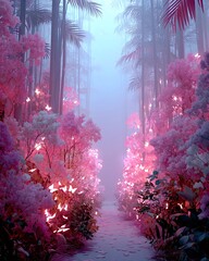 Poster - a serene forest infused with holographic butterflies, bio-luminescent plants glowing with artificial