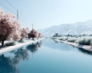 Poster - A tranquil river flowing through a high-tech valley, floating AI-driven hydro turbines, seamless fusion of renewable energy and nature, ethereal lighting, eco-tech utopia, beautifully rendered