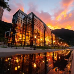Poster - Golden Reflections: Modern Building Mirrors Sunset in Hong Kong, Creating a Stunning Urban Landscape 
