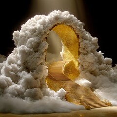 Aufkleber - Golden Stairway to Paradise: An ethereal pathway through clouds, illuminated by heavenly light, ascending to a gate.