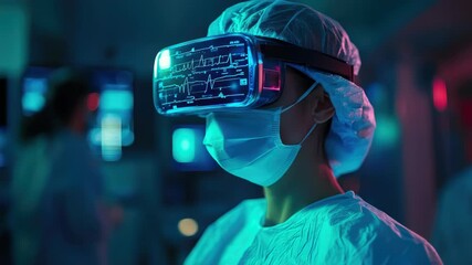 Poster - Female doctor using augmented reality headset with real-time brain scan visualization, revolutionizing medical education and neurology diagnostics. Advanced AR technology for precision healthcare solu