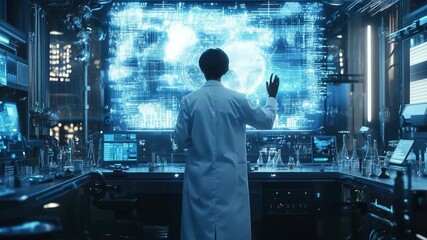 Poster - Scientist in a futuristic laboratory wearing a white coat conducts virtual experiments using AI and augmented reality, analyzing molecular structures and biochemical reactions on a holographic screen