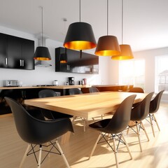 Poster - Modern Kitchen with Black Cabinets, Wooden Table, and Pendant Lights in a Sunlit Interior