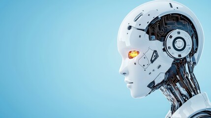 Poster - Futuristic robotic head with glowing eye against a blue background.