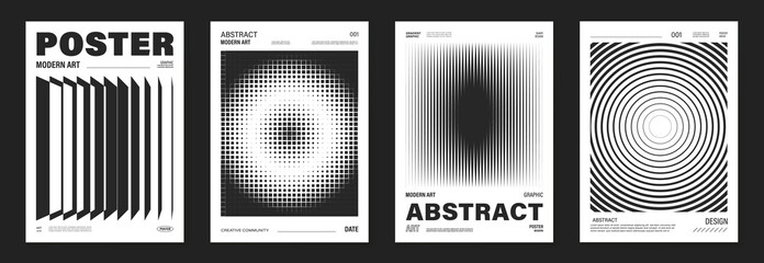 Aufkleber - Abstract monochrome poster background vector set. Modern cover template with black and white perspective geometric prism shape, halftone dot, line. Ideal design for social media, banner, ads.