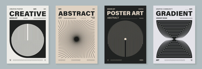 Aufkleber - Abstract monochrome poster background vector set. Modern cover template with black and white perspective geometric prism shape, halftone dot, line. Ideal design for social media, banner, ads.