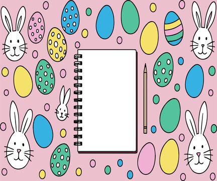 Colorful Easter-themed notebook background featuring bunnies, decorated eggs, pastel colors, and a blank page ready for text or sketches. Ideal for seasonal designs and holiday crafts