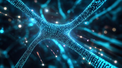 Abstract digital neural network glowing blue intricate data streams web code dots light spark lines