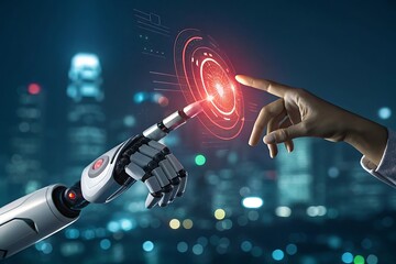 Poster - Human and robot hand touching futuristic interface.