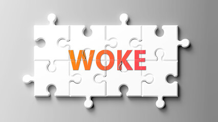 Poster - Woke complex like a puzzle - pictured as word woke on a puzzle pieces to show that woke is complex and needs cooperating pieces that fit together. ,3d illustration
