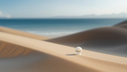 Poster - rolling sphere on desert sand dunes at ocean shore 3d animation serene environment artistic viewpoin