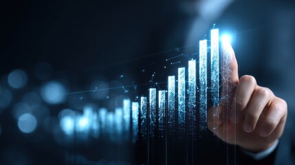 Poster - A business professional interacts with futuristic data visualizations to analyze growth and trends in a digital workspace.
