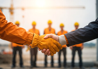 Poster - builders shake hands against the backdrop of a construction site . Generative AI