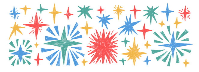 multi colors sparks stars set. space shine shapes and blings pencil doodle pack. comets and blinking