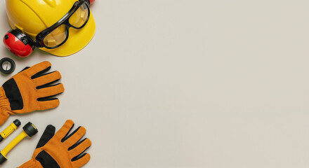 Poster - minimalistic background with construction worker accessories helmet, safety glasses, gloves, occupational safety concept . Generative AI