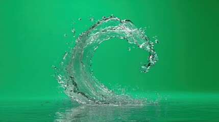 Poster - A dynamic splash of water forming an artistic wave against a vivid green background, symbolizing nature's energy and fluidity.