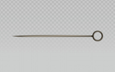 a single, slender metal skewer lies horizontally against a transparent light gray checkered backgrou