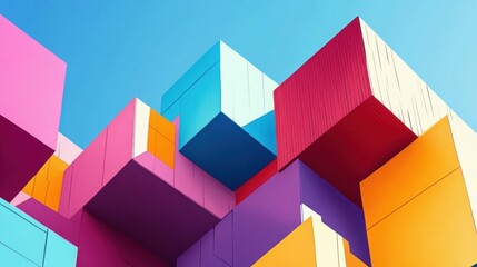 Poster - Modern minimalist illustration of colorful cubic architecture against a bright blue sky, showcasing geometric patterns and contemporary design.