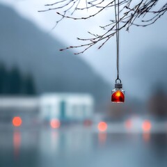 Poster - Illuminated Solitude: A Red Glow in a Jar Hanging from a Branch, Embracing a Serene and Ethereal Landscape 