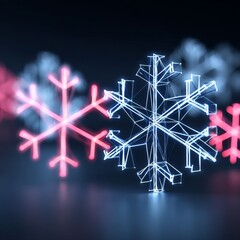 Poster - Neon Snowflakes in Abstract Display: Pink and Blue Glowing Digital Design on Dark Background