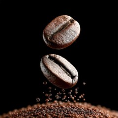 Aufkleber - Two Floating Coffee Beans with Particles in Air Above Ground Coffee on a Black Backdrop.