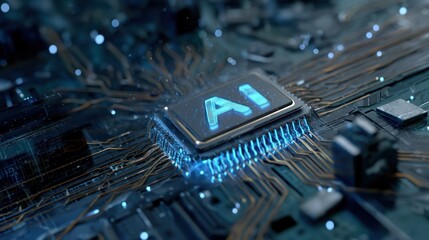 Poster - Close-up view of a microchip showcasing artificial intelligence technology and intricate circuit design with glowing elements.