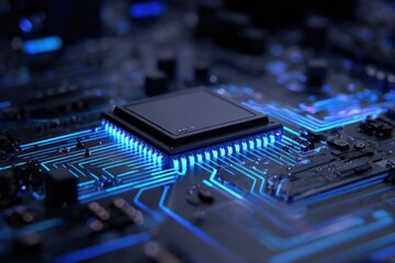 Poster - Close-up view of a microchip on a circuit board, showcasing intricate details and glowing blue lights, symbolizing modern technology.