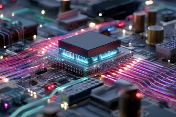 Poster - Close-up view of a modern computer chip on a circuit board, showcasing intricate details and vibrant light patterns.