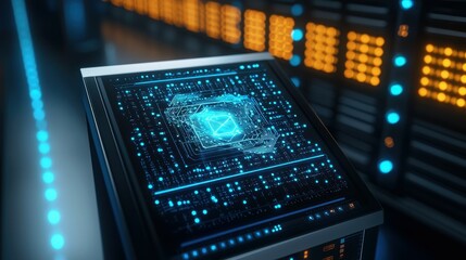 Poster - Futuristic circuit board glowing with neon blue light inside a high-tech server room.