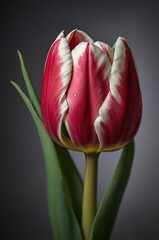 Poster - colorful red and white tulip blooms with delicate petals and green leaves in elegant arrangement