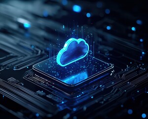 Poster - Futuristic cloud computing graphic with glowing blue accents on a circuit board.