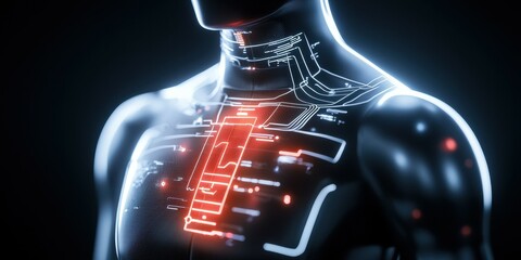 Poster - Futuristic humanoid figure showcasing glowing circuits in a dark setting.