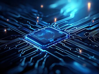 Poster - A close-up of a futuristic microchip with glowing circuitry and a blue neon aesthetic.