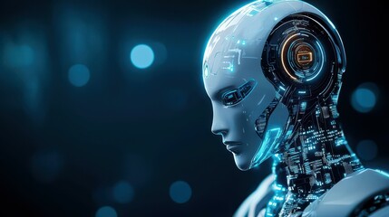 Poster - Futuristic humanoid robot with neon circuits, representing advanced technology and AI.