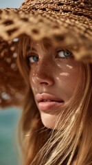 Aufkleber - A young woman with striking blue eyes gazes intently, sunlight filtering through a wide-brimmed straw hat. Freckles adorn her face, evoking a sense of calm on a bright summer day