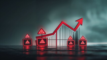 Poster - Data visualization shows upward trend with red warning symbols against a misty background
