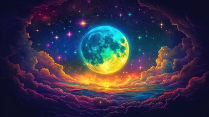 Wall Mural - Colorful moonrise, celestial cloudscape, cosmic scene, fantasy art, game background